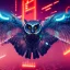 Placeholder: great illustrator, spanish, realistic rendering owl with metalic wings, red left eye, laced circuits, luminescent lights, bat flying, blade runner city, style, robotic bird flying. High details. 4k. unreal engine, dusk, red lasers in prospective, dramaric prospective