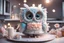 Placeholder: cute chibi plushy fluffy knitted and embroidered natural colored owl with cake in a kitchen, feathers, iridescent flowers incorporated, light emitting, bioluminescent holographic room, silver foil, sparkling diamonds, holographic raw pearls, ethereal, cinematic postprocessing