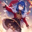 Placeholder: Clear focus, High resolution, rough line art, cute, cartoon, medium blue hair, hair between eyes, fluffy hair, red eyes, super cool outfit with a split skirt, black red and gold color scheme, wearing a skirt