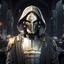 Placeholder: star wars bald male corellian pilot wearing pearlescent black and gunmetal grey First Order special forces heavy assault armor and helmet with gold trim inside the jedi temple, centered portrait, hyperdetailed, dynamic lighting, hyperdetailed background, 8k resolution, volumetric lighting, light skin, fully symmetric details