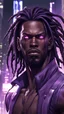 Placeholder: Anime male, dark skin, age 35, long thick dreadlocks doing down past neck length, purple highlights in hair, dark brown natural hair color, black and purple ju jitsu gee, deep glowing purple eyes, muscular body, scar on face, glowing purple cybernetic features in hair, shouting, in a futuristic dystopian city scape