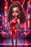 Placeholder: Create a digital airbrush chibi cartoon of a white curvy female wearing a red leather suit with red heels. Prominent make up with brown eyes. Highly detail black shiny locs that flow down her back. Extra-long diamond hoop earrings and jewelry. Background of a night club with neon signs.