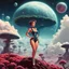 Placeholder: slim Sci-fi pin-up girl on an alien planet of cloud trees in the multiverse