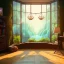 Placeholder: desk, parquet, paper, little pen, in front of one huge bay window with large view on a waterfall with warm light, sunset ,pixar style, panorama, nature, globe HD