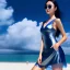 Placeholder: very nice real face beautiful Woman with make up at the beach standing pose in a short lace dark blue and silver dress, full body, 3D coudy sky volumetric nice clouds 8k sharp focus