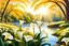 Placeholder: romantic park with white arum lily flowers, white, or gold light effects colors, sun, realistic, beautiful blooming trees in springtime, white wild Callas along a river, highly detailed, high contrast, 8k, high definition, concept art, sharp focus