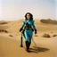 Placeholder: Dune movie by Russ Meyer, psychedelic tattooed Kat Dennings in technical Stillsuits with tubes and binoculars: she is lost in the dunes, vintage 1970's photo