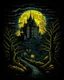 Placeholder: Moon, halloween night, shadowy old isometric castle surrounded by cemetery garden, dark forest in the background,HDR,UHD,8K, best quality, masterpiece, Highly detailed, ultra-fine painting, Urban Pulse::2 Street Art, deconstructionism, typographic expression, vibrant colors, urban surrealism, synthwave:: t-shirt vector, center composition graphic design, plain background::2 mockup::-2 --upbeta --ar 1:1