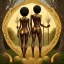 Placeholder: Biologically Female sexy African American Twins, black skin, tall and slender, long afro kinky hair,big brown eyes, long eyelashes warrior wear. Big butts. Gold accents on clothing. Surround by trees. Holding golden spears. Starry night