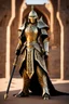 Placeholder: Full body photography,front_view, dark Lord ooking at viewer,traditional dress ornaments mechanical_armor,intricate armor, delicate golden filigree, intricate filigree, black metalic parts, detailed part,desert background, dynamic lighting