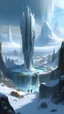 Placeholder: sci fi planet, small futuristic city, waterfalls, snow, temples