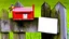 Placeholder: an old wooden fence with a little bird on it, a red old mailbox on the fence, a big note stuck on the mailbox