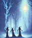 Placeholder: a sci-fi fantasy painting of three witches wearing robes decorated with blue peacock feathers, with white trees in the background, a black hole opens above the priests, volumetric lighting, Anato Finnstark, 8k