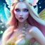 Placeholder:  beautiful, soft, whide smile face,whole head,see full head, long blonde straight hair, blue eyes, fairy wings on the back, transparent crystal blue and pink clothes, background blue and pink, big definition, 8K