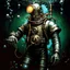 Placeholder: 90's tcg art silver steampunk male diver with glowing helmet underwater