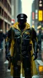 Placeholder: retro futurist, nypd full body color 1920 black policeman with external exoskeleton wtih heavy yellow rain transparent coat