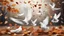 Placeholder: Hyper Realistic Dry Autumn Leaves blowing & white pigeons flying on a vintage rustic background