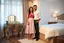 Placeholder: very beautiful lady with beautiful midi skirt and blouse standing next to her boy friend in a luxury bedroom with high heels next to makeup desk looking to camera