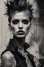 Placeholder: Portrait of a female punk, expressive eyes, tattoos, attitude, sultry, pictorialism, dystopian, grim dark, goth, chiaroscuro, contrast, surrealism, gritty background, , grunge, graffiti, neo-expressionist , Russ Mills, Ian Miller