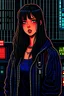 Placeholder: pixel art of the girl, best quality, cinematic lighting, detailed casual baggy outfit, black and neon detailed colors, perfect blue eyes, black hair, black eyes, long dark brown hair with bangs, silver piercing,