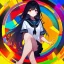 Placeholder: Clear focus, High resolution, long black fluffy hair, red eyes, chopped bangs, wearing a sailor uniform, wearing a sailor skirt, colorful, hollywood, female, human, mortal, thin legs