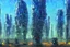 Placeholder: Futuristic buildings near tree zone, cyberpunk influence, impressionism painting