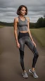 Placeholder: photography of a beautiful anorexic woman, grey satin triathlon top, sports illustrated, brunette short wavy bob haircut, pronounced sternum, flat chest, anthracite short leggins