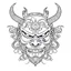 Placeholder: White, minimalis line art , oni mask japanes scarry, vector, white background, outline, with images neatly contained within the background, just black and white color,