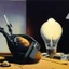 Placeholder: Abstract painting formed by a mix of human flesh-like surgical instruments and universe-like neuralink, a cat looking at a pigeon inside a huge bulb between light and shadow at dusk,surrealism,minimalism,Painting By Adrian Ghenie, Rene Magritte, Salvador Dali, Lucian Freud