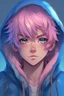 Placeholder: An anime man with messy short pink hair and narrow blue eyes wearing a hooded jacket Realistic.