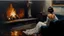 Placeholder: brunette woman with bob hair sitting by a fireplace while looking at a photograph :: by Robert McGinnis + Jeremy Mann + Carne Griffiths + Leonid Afremov, black canvas, clear outlining, detailed