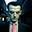 Placeholder: very grainy discolored 2000s photo, closeup portrait, dark night alley with no lights, grunge, extremely gaunt male with chalk-white skin wearing a good soviet era suit with a pink tie, calm, imposing, ridiculous hairdo, crazy look in the eyes, malkavian