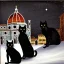 Placeholder: Painting of a very dark square in Florence in a stormy night. Brunelleschi cathedral in the back. Caravaggio style. A black cat is sitting in the snow.