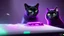 Placeholder: Cute black cat sitting on a gaming chair, in front of a gaming PC table, in a dark room with purple lights and gaming posters, atmospheric, gorgeous, realistic