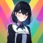 Placeholder: Clear focus,High resolution,High quality, 1girls, with color, anime girl with black hair with rainbow hair, crying in school, blur in the background, manga style