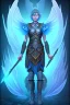 Placeholder: a person in runic armor with blue wings, blue short hair, runic tattoo and spell book