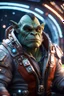 Placeholder: pen outline, really macho pimp orc seal captain that go hard sitting in space station cockpit , in front of space portal dimensional glittering device, bokeh like f/0.8, tilt-shift lens 8k, high detail, smooth render, down-light, unreal engine, prize winning