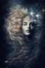 Placeholder: Kobieta Piekna polaczony z kosmosem I muzyka portrait of a powerful, celestial figure, with flowing, star-studded hair and eyes. Double exposure technique