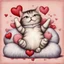 Placeholder: tubby frowny cat lying on its back with paws up on a stack of heart shaped pillows, pouty arrogant expression, whimsical, adorable, dramatic, Valentines day aesthetic, by Anne Geddes and Gary Baseman, ink illustration