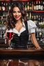 Placeholder: bartender girl with wavy skirt giving drink to drinker wine