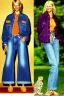 Placeholder: year 1996 denim fashion. Loose fit, low waist, baggy. Colors: denim blue, blue, purple, khaki, light green, lilac, plum, orange, terracotta, red, pink, dark blue, beige. Women models. Patterns: cheetah, balls, stripes.Jennifer Lopez, Gwyneth Paltrow, . Big tennis shoes on. Cargo pants. leg warmer