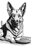 Placeholder: A line art of a dog (german shephard), the dog is eatig his meal.