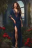 Placeholder: Full body view, ultra realistic illustration, beautiful ukrainian female, Sybil, age 25, long brunette wavy hair, brown detailed eyes, light makeup, red lipstick, wearing navy blue dress with sleeves, ultra realistic illustration, highly detailed accessories, digital painting, art station, concept art, sharp soft focus, illustration, 8k, 8 life size, big bossom, tight waist, nice hip, professional ominous concept art, by artgerm and greg rutkowski, an intricate, elegant, highly detailed digital