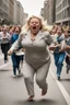 Placeholder: an obese terrified blonde woman crying and sobbing in a pant suit desperately running away from an angry mob of thousands of kids chase her down a city street while holding books