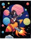Placeholder: Rock and Roll Guitar Player playing a six string les paul guitar and Surfing on a Rocket in outer space with colorful planets around him in the style of Laurel Burch.