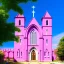 Placeholder: concept art, concept design, decor, photorealistic, high quality, cinematic, cathedral church building with pink walls, church exterior, pink exterior, walls made of silk, aesthetic, countryside landscabe bqckground, natural blue sky