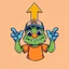 Placeholder: cartoon monster wearing a ballcap and T-shirt holding an directional arrow overhead with both hands, on solid color background