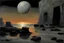 Placeholder: Dark Grey sky, one exoplanet in the horizon, lagoon, cliffs, rocky land, rocks, 2000's sci-fi movies influence, cosmic future influence, trascendent, intergalactic influence, friedrich eckenfelder and alfred stevens impressionism paintings