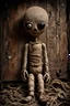 Placeholder: creepy sad burlap doll, body made of dirty, holey burlap, burlap has a big head, one eye is hanging by a thread and there are stitches on the body and head. very thin with two arms and two legs, sitting in the corner of his dirty room in a dilapidated house, dimly lit, detailed, thriller, creepy stunning