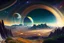 Placeholder: Alien landscape with exoplanet surrounded by rings in the sky, over the valley.